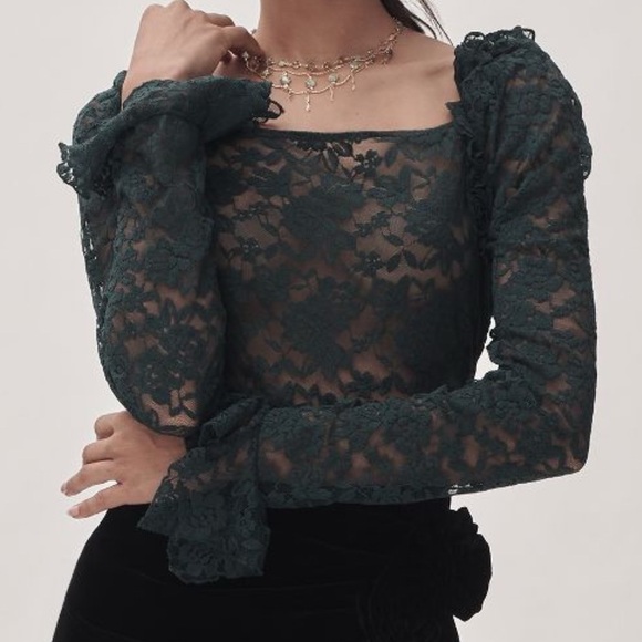 Anthropologie Long Sleeve Green 100% Lace Top Size Medium - Picture 3 of 16